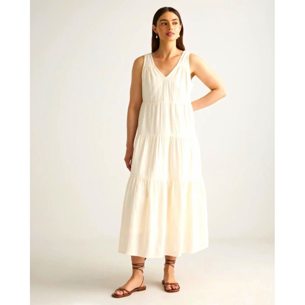 NEW Quince Maxi Tiered Ivory Cream Dress XL Lined Organic Cotton Gauze V Neck